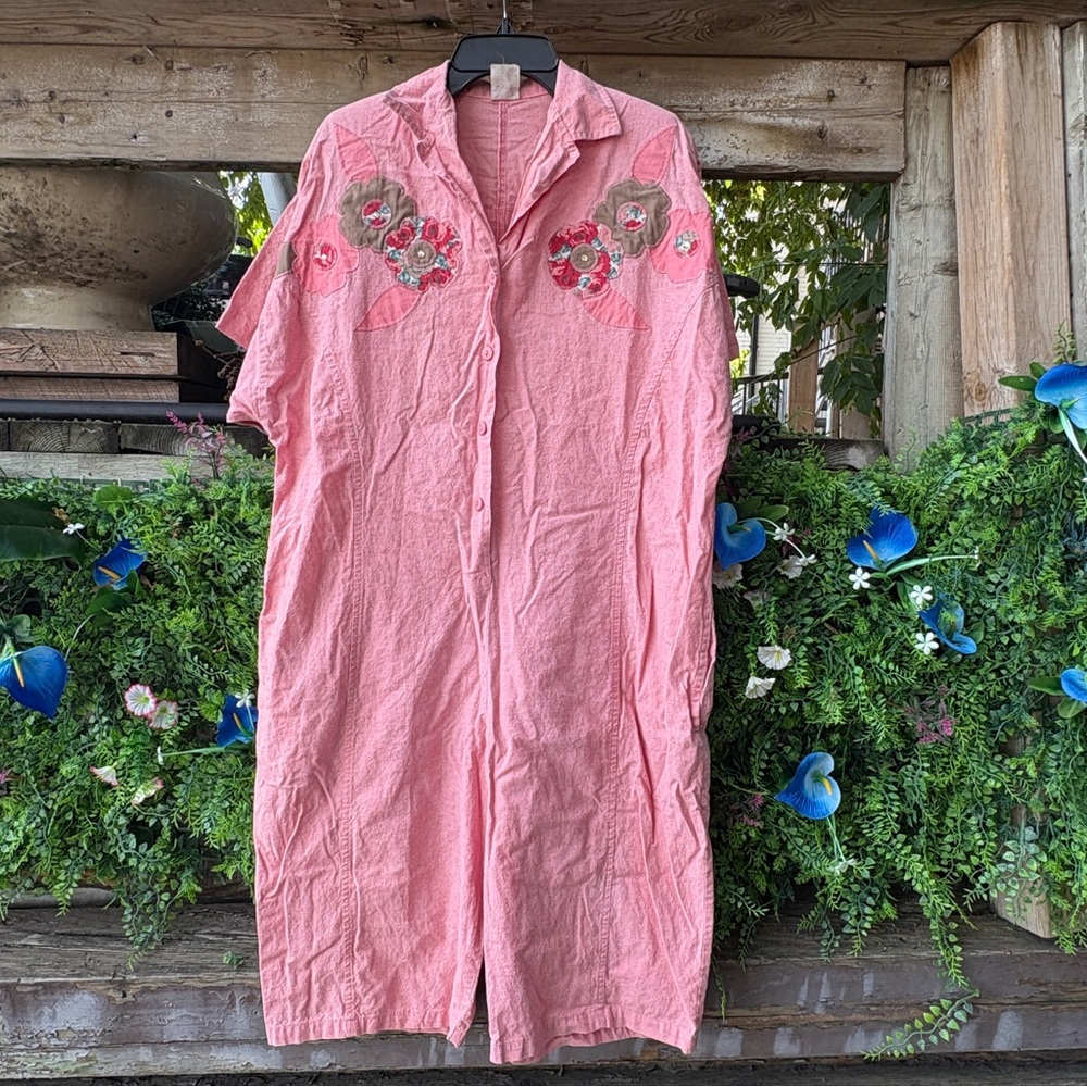 Cottage Core Vintage Pink Floral Embroidered Shorts Jumpsuit